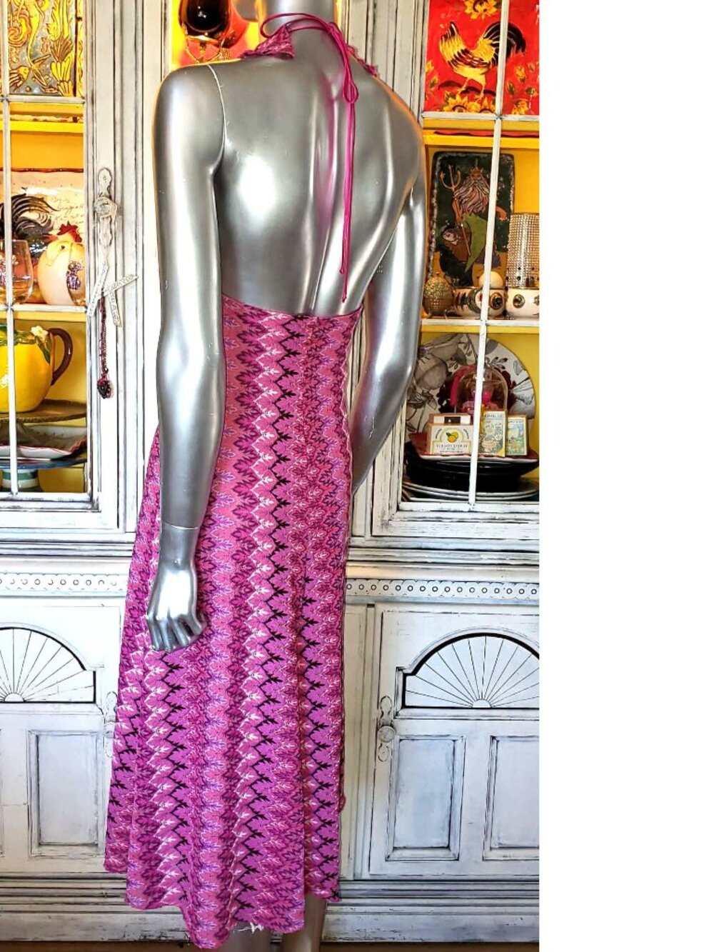 Betsey Johnson Vintage New York Y2K 90s Open Woven Knit Pink Midi Halter Dress S - Picture 7 of 16